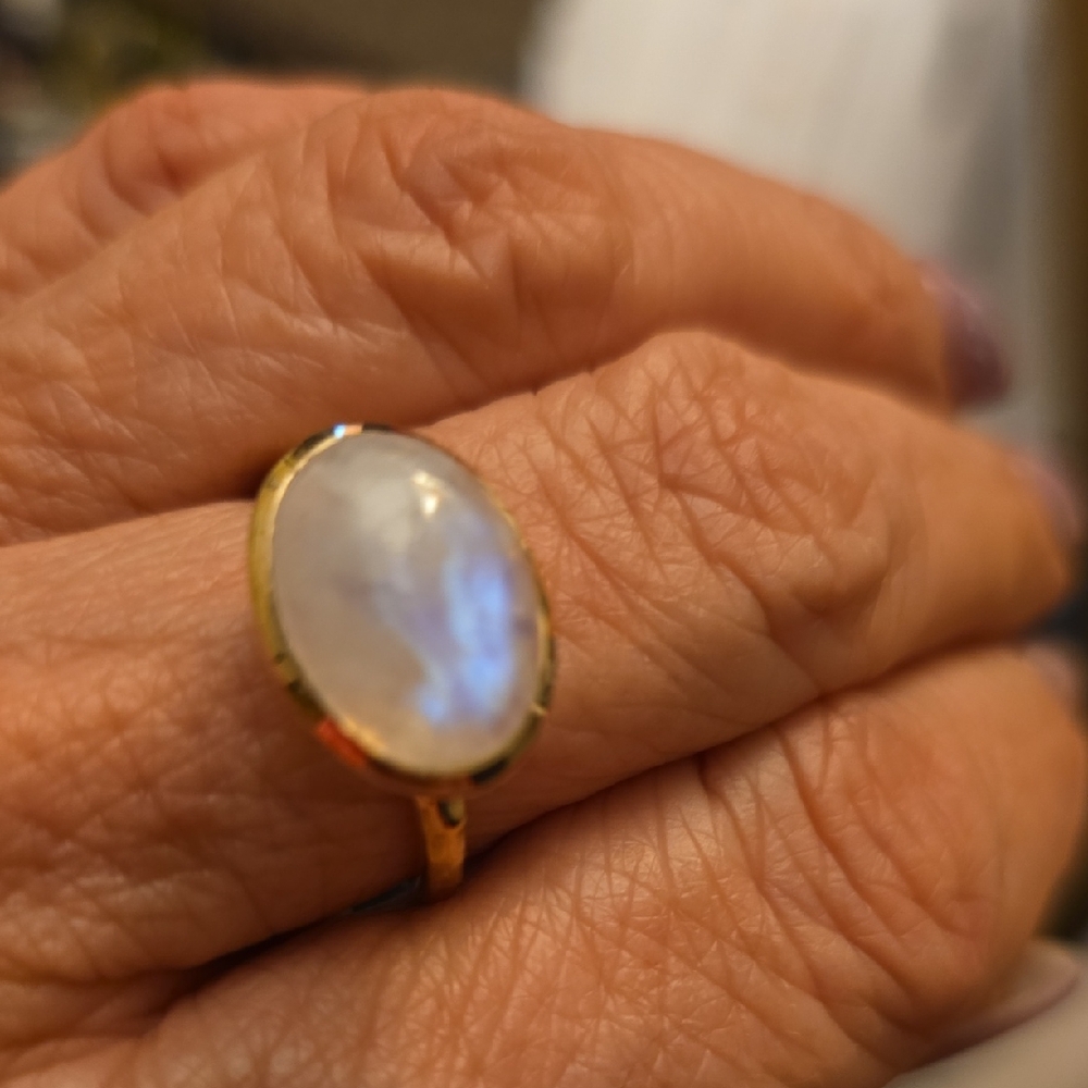 Gold Moonstone Oval Ring - Women Jewelry Rainbow Moonstone Genuine